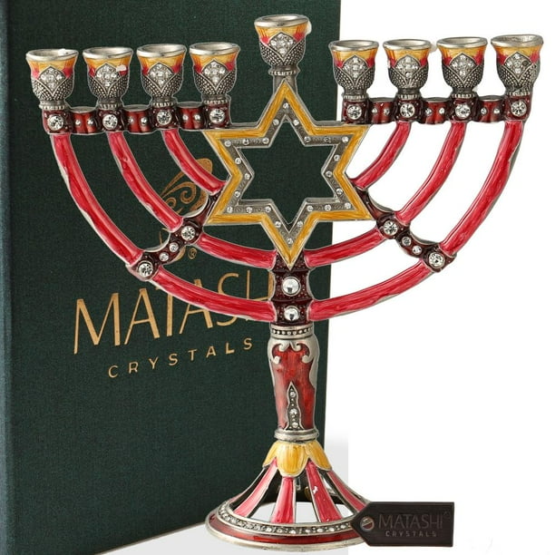 Classic Blue Hand Painted Enamel Menorah Candelabra Embellished with Gold Accents and Crystals by Matashi